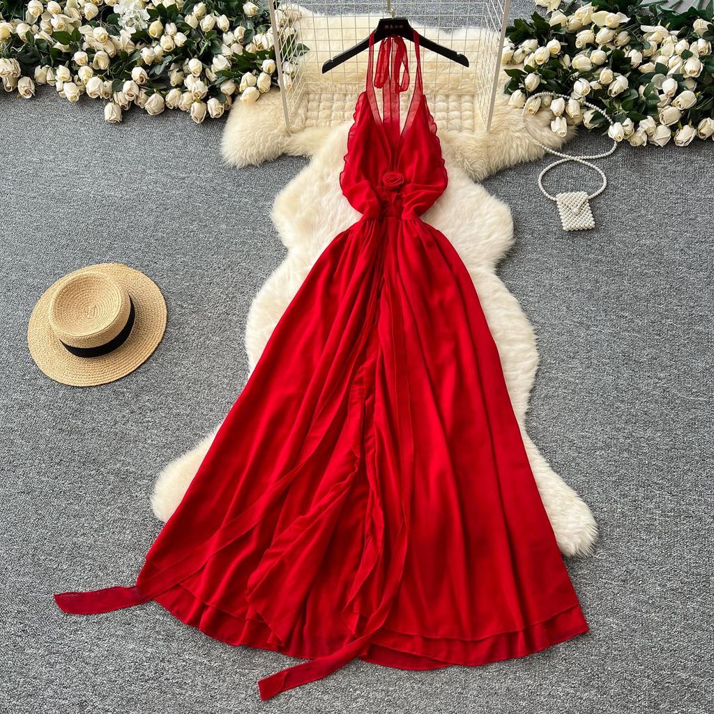 Seaside vacation dress women's summer dress design sense V-neck neck sling backless split chiffon beach dress long dress
