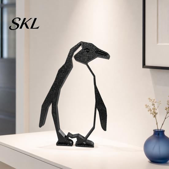 Contemporary Animal Figurine Geometric Penguin Figurine, Black Hollow Design Ornament, 3D Printed Minimalist Sculpture Abstract Art Statue for Modern
