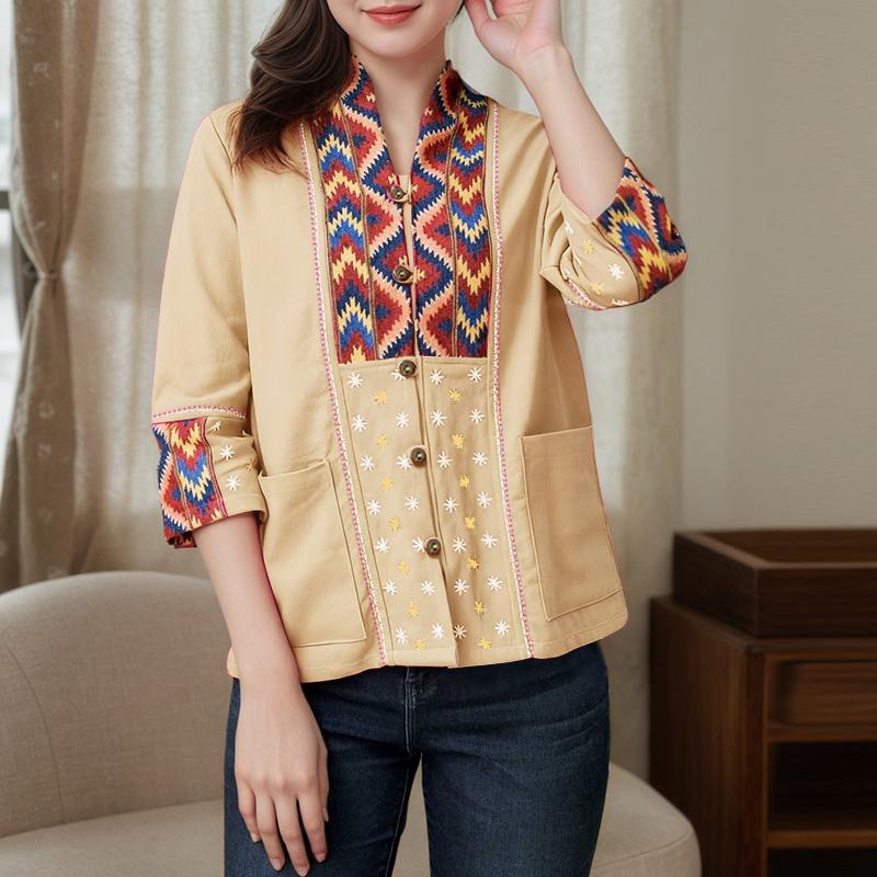 ZANZEA Women Ethnic Print Casual V-Neck 3/4 Sleeve Loose Blouse