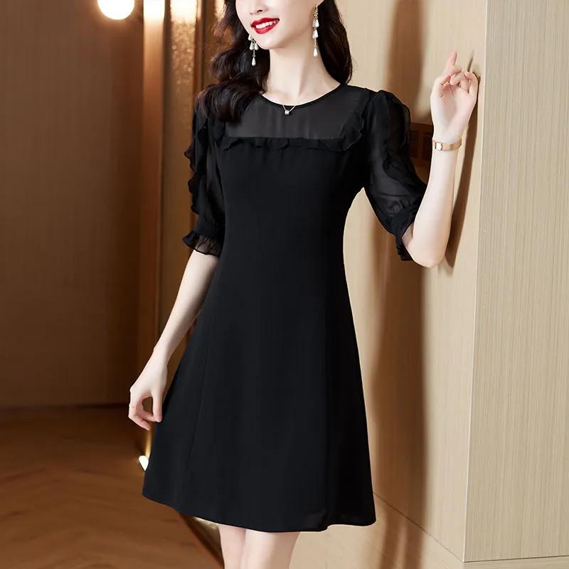 Women's Black Elegant A-Line Dress Sheer Mesh Ruffle Half Sleeve Round Neck Casual Party Mini Dress