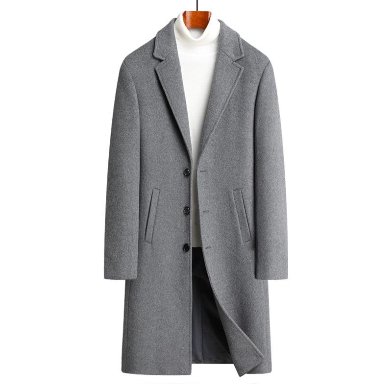 Men s Autumn and Winter Long Wool Over-the-Knee Trench Coat M серый