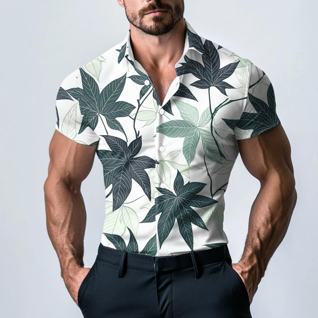 Pánská módní tištěná saténová košile s krátkým rukávem