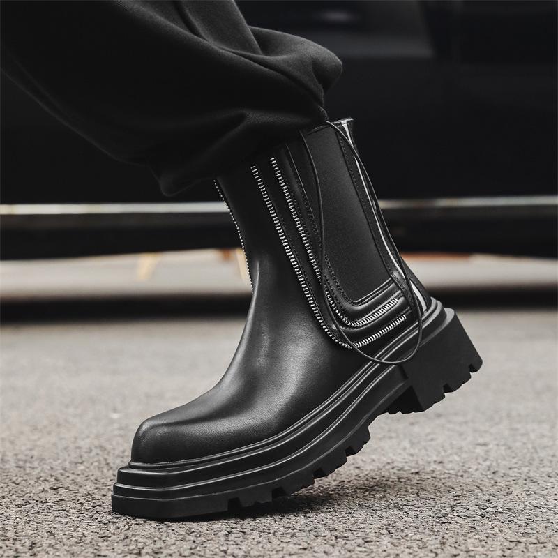 2024 Autumn Men's Fashionable Square-Toe Thick-Soled Zipper Mid-Tube Martin Boots