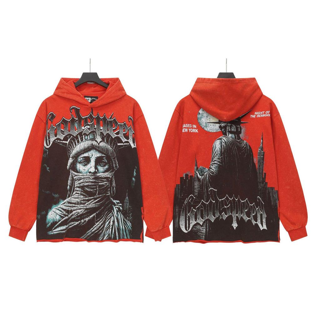 God Bless America Retro Rock Street Print Washed Hoodie - Casual Loose Fit