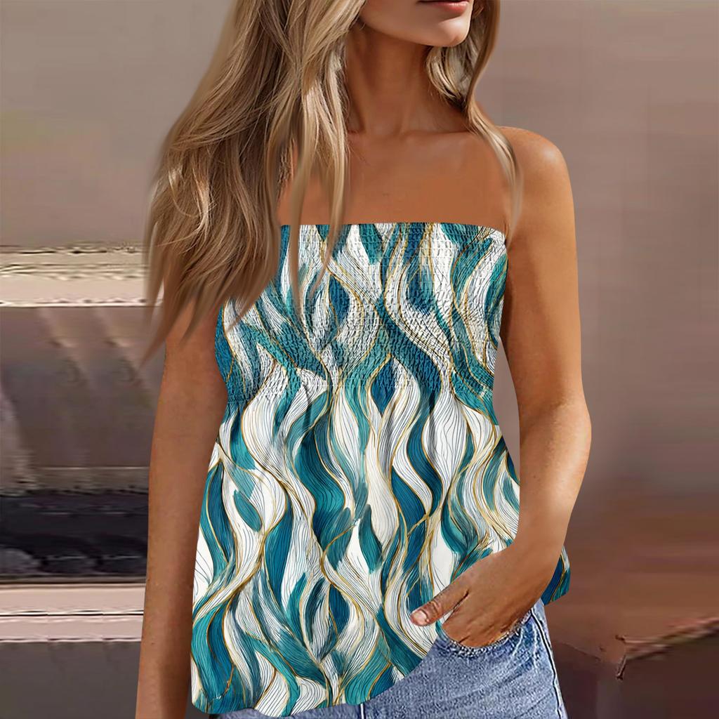 Women's Fashionable And Sexy Backless Elastic Floral Print Strapless Slimming T-shirt Top