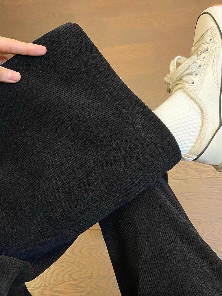 Women's Black Chenille High-Waist Corduroy Wide-Leg Pants - Autumn Winter Plus Velvet
