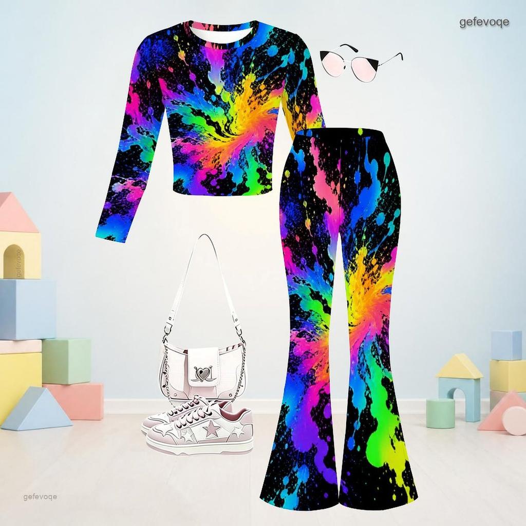Girls Star Printed Round Neck Long Sleeve Top And Flared Pants Two Piece Outfit