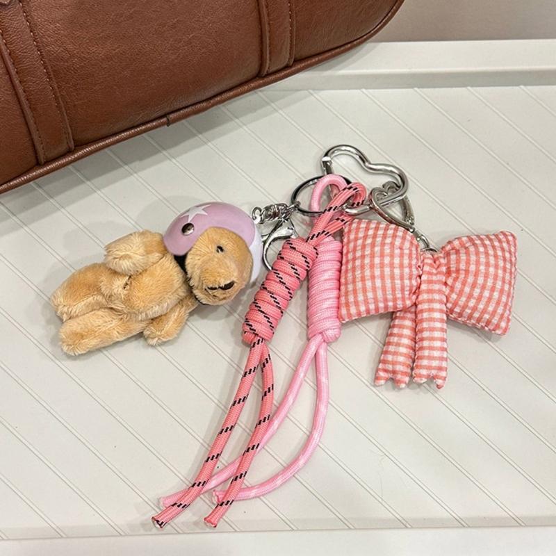 Stylish Plush Helmet Bear Keychain with bowknot Keychain Perfect For Backpacks Luggage Fashionable Daily Companion