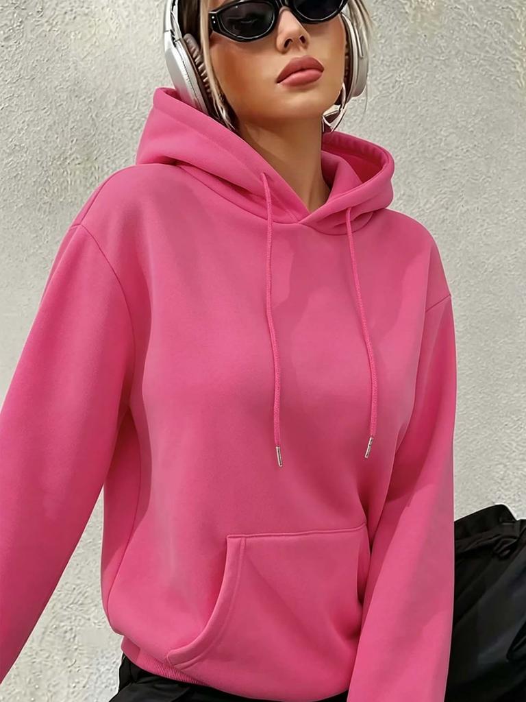 Women's Loose-fitting Hooded Long-sleeved Drawstring Kangaroo Pocket Pullover Hoodie, Casual Street Style, Autumn Daily Wear