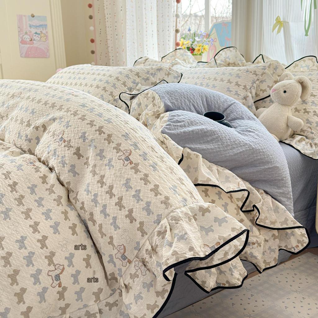 Bubble Cotton Fresh Floral Lace Bedding Set - 4-Piece Soft Duvet Cover & Sheet