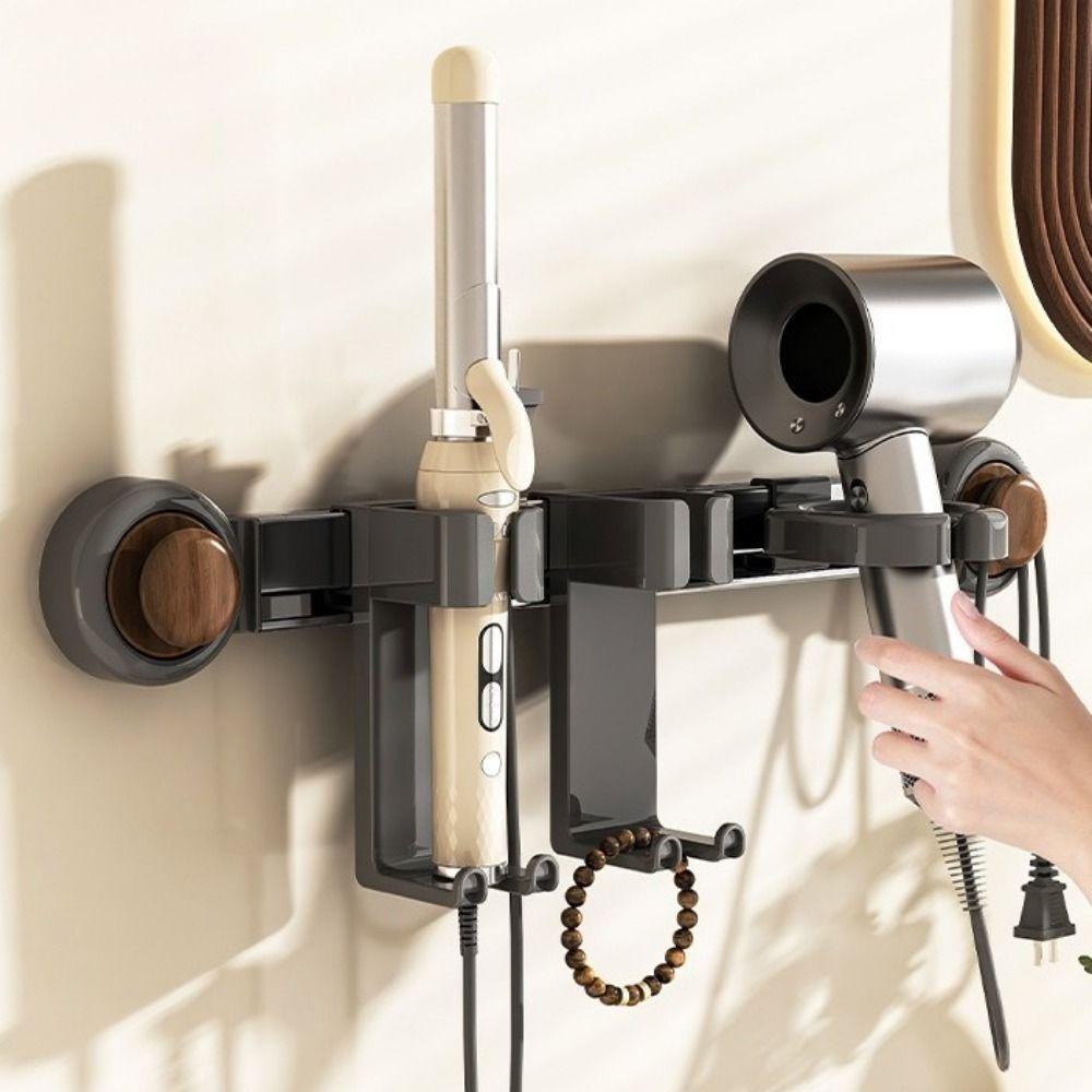 Plastic Suction Cup Hair Dryer Holder Wall Mounted Large Capacity Curling Iron Holder Movable Space Saving Blow Dryer Hanger
