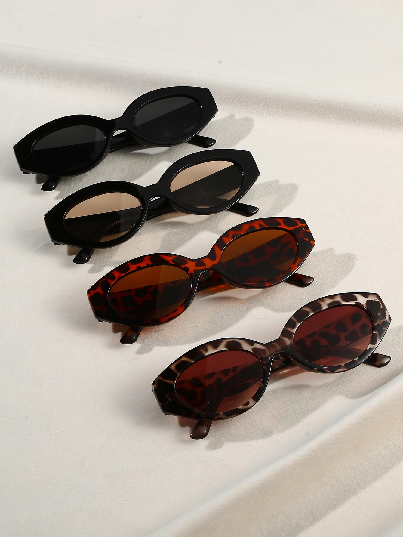 4Pcs Y2K Retro Cat-Eye Sunglasses, Leopard Print Color-Blocking, Eye-Catching, Unisex, Party Vacation