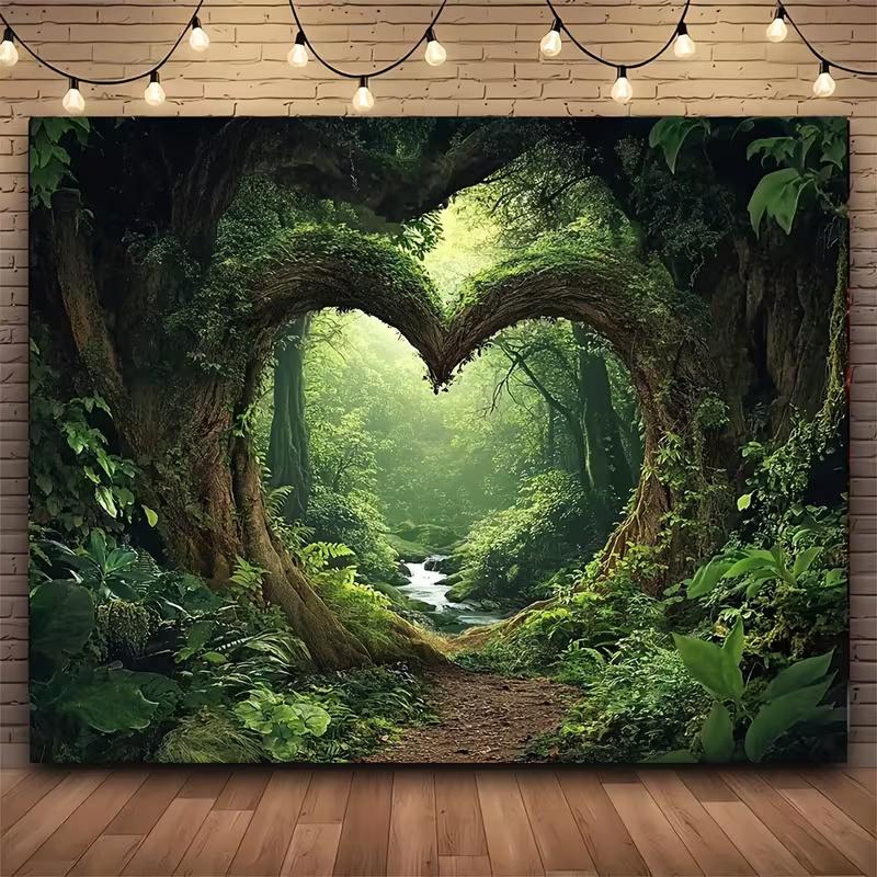 2D Romantic Heart Forest Backdrop Green Nature Wedding & Valentine s Background 47.2x31.5inch/120*80cm