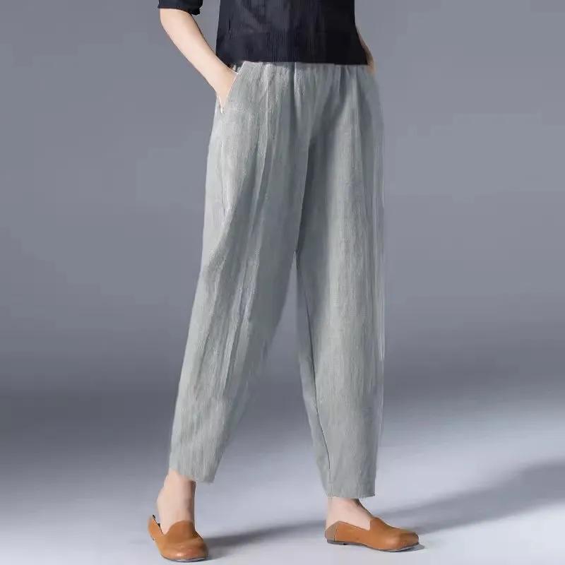 Women Summer Elastic Waist Casual Ankle-length Wide Leg Pants Female Loose Solid Color Harem Pants