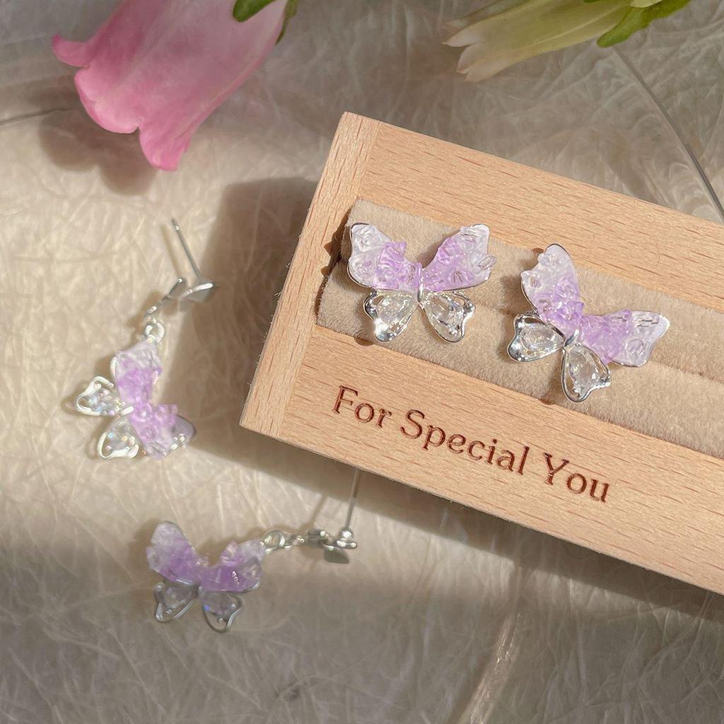 Purple Gradient Crystal Butterfly Earrings - High-End Silver Needle Design for Women