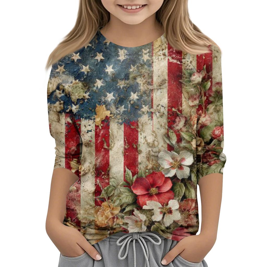 Children's 3/4 Sleeve Tops Casual Print T Shirt Round Neck Pullover Blouse