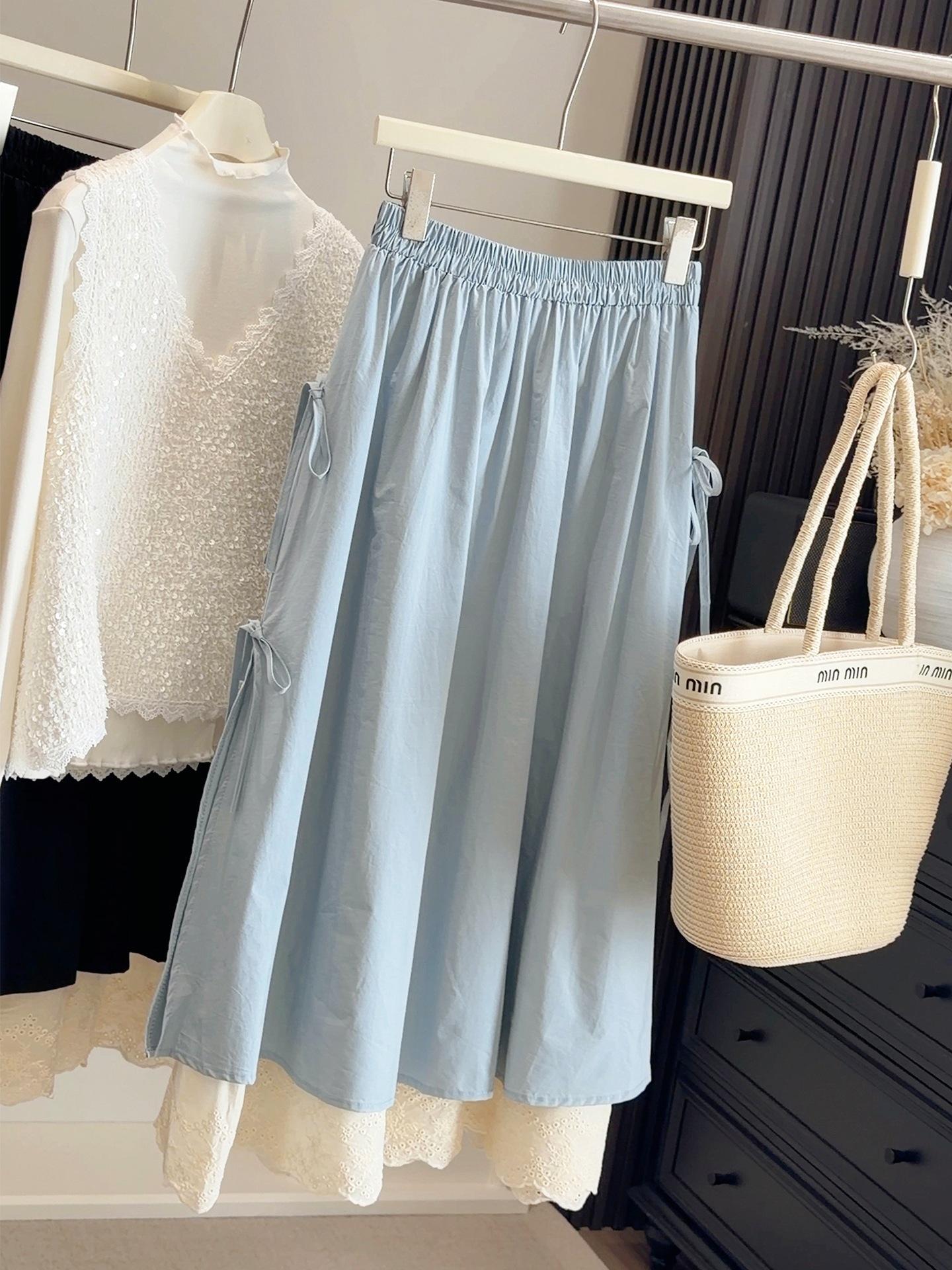 Elegant Spring 2026 Bow High-Waisted A-Line Skirt with Lace Trim One Size синий