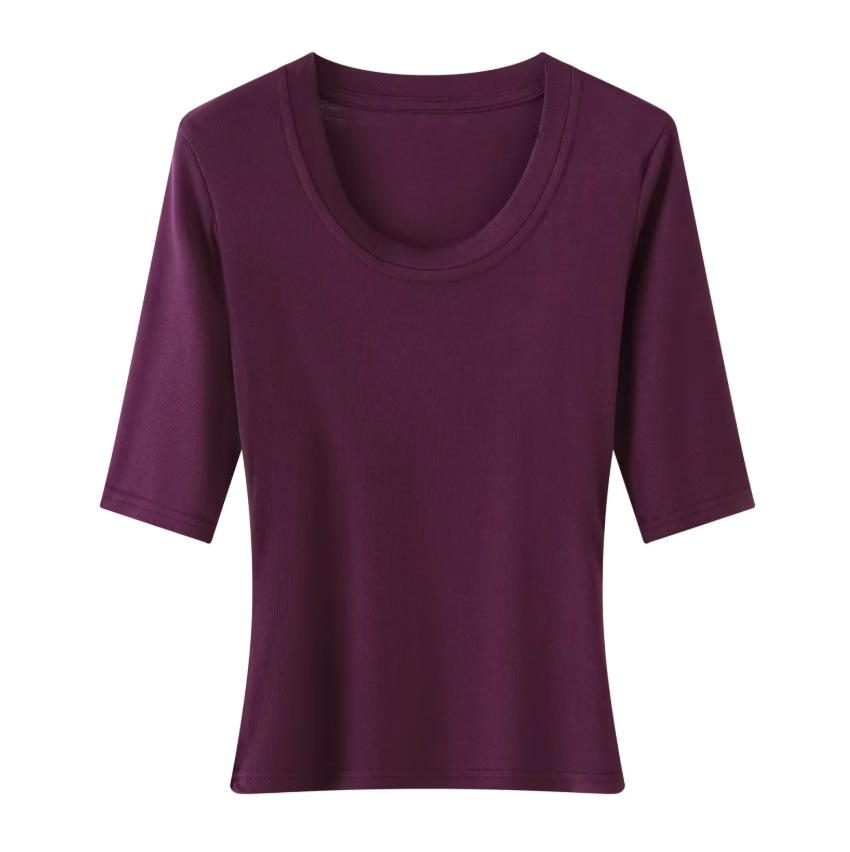 Crew neck medium sleeve thin T-shirt women's summer new American Spice Girl solid color thin slim bottoming shirt top