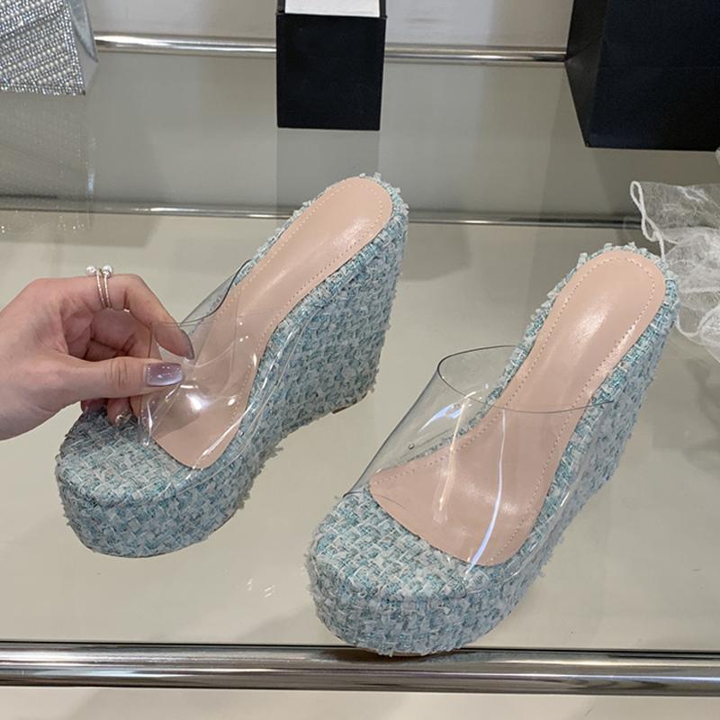 

Summer Fashion 13CM Super High Heels Wedges Slippers For Woman Blue Cloth Platform Sandals Open Toe PVC Transparent Shoes 40 синий