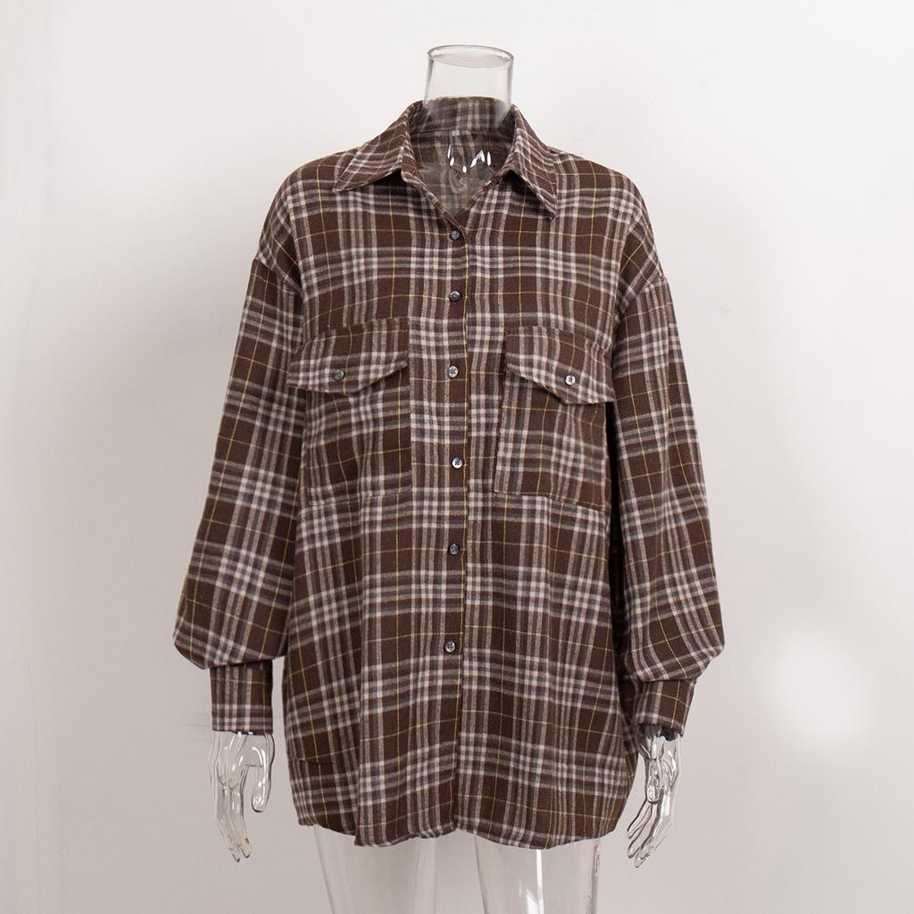 Checkered Shirt Women's Retro Double Pocket Checkered Striped Mid Length Shirt