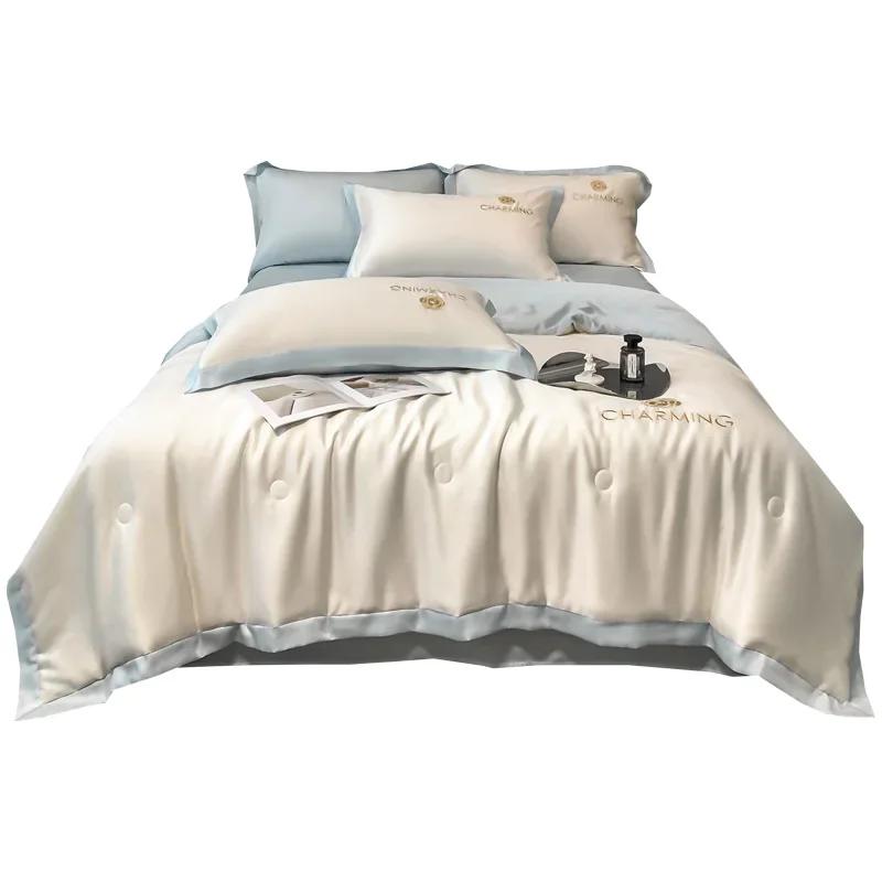 100% Washed Silk Summer Quilt Embroidery Smooth Ice Cooling Comforter for Bed Silky Solid Blanket Soft Cool Summer Blanket
