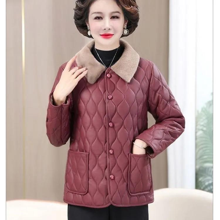Women Winter Thick Plush Jacket Mom's Fur Collar Coat with Velvet Warm Quilted Coat