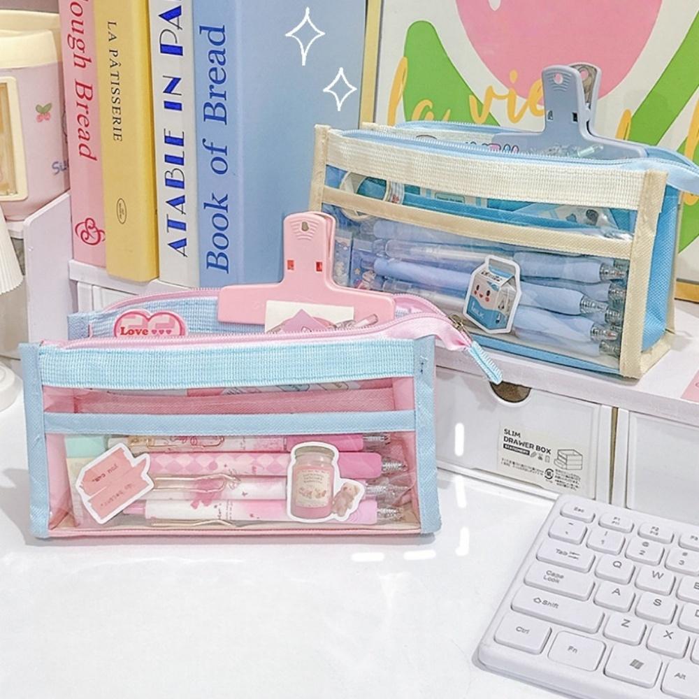 1 st Color Block Transparent PVC Pennskrin Penförvaringspåse för Prov Söta Färger Stor Kapacitet Flerlagers Kontorsmaterial