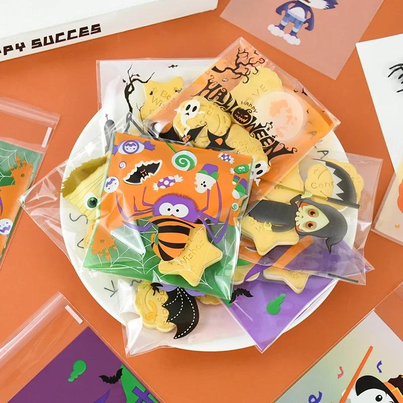 100pcs Halloween Candy Bags Pumpkin Ghost Bat Trick Or Treat Biscuit Gifts Packaging Self Sealing Bag Kids Halloween Party Decor
