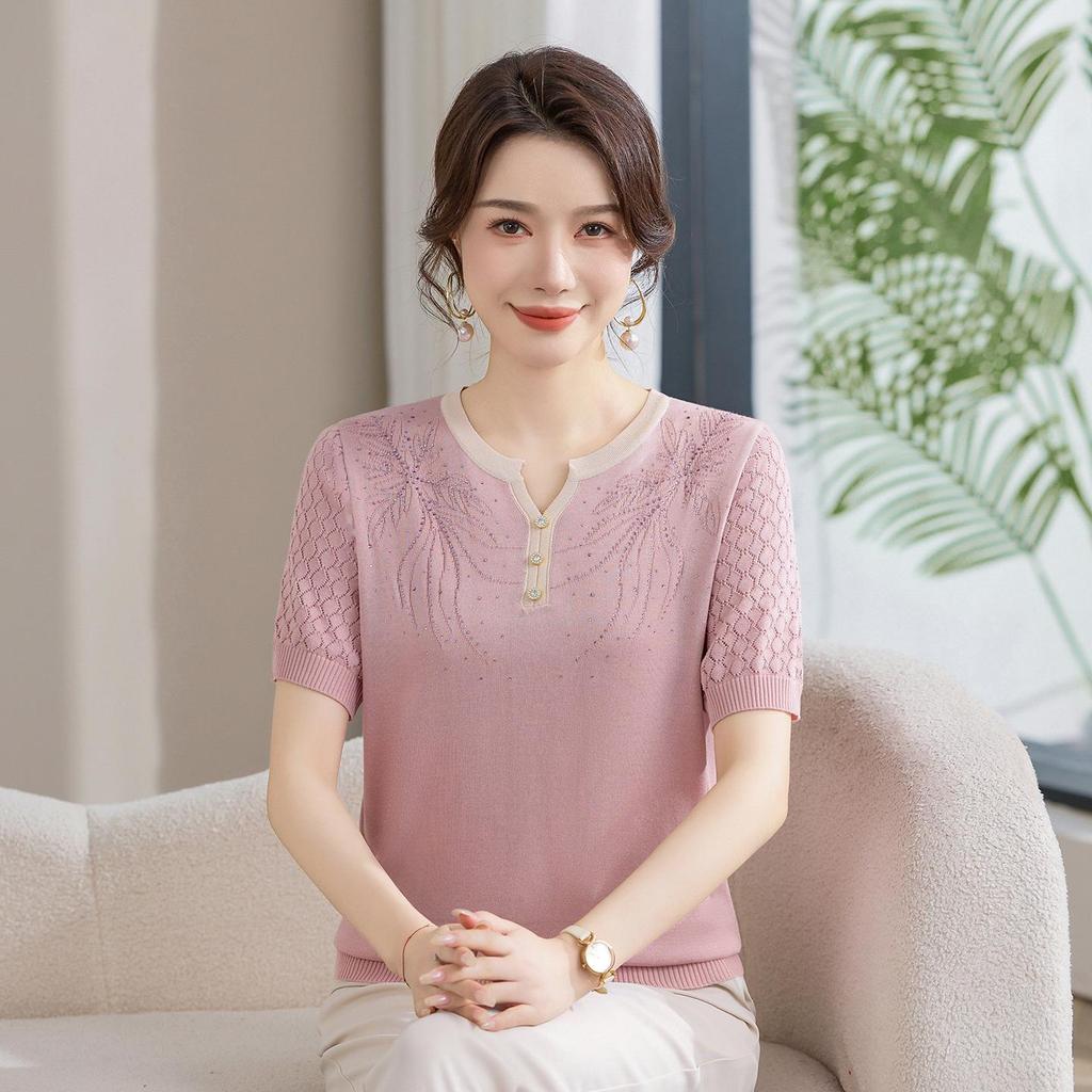 Summer 2026 Ice Silk Knit T-Shirt: Short-Sleeve, Loose Fit for Middle-Aged & Elderly Women