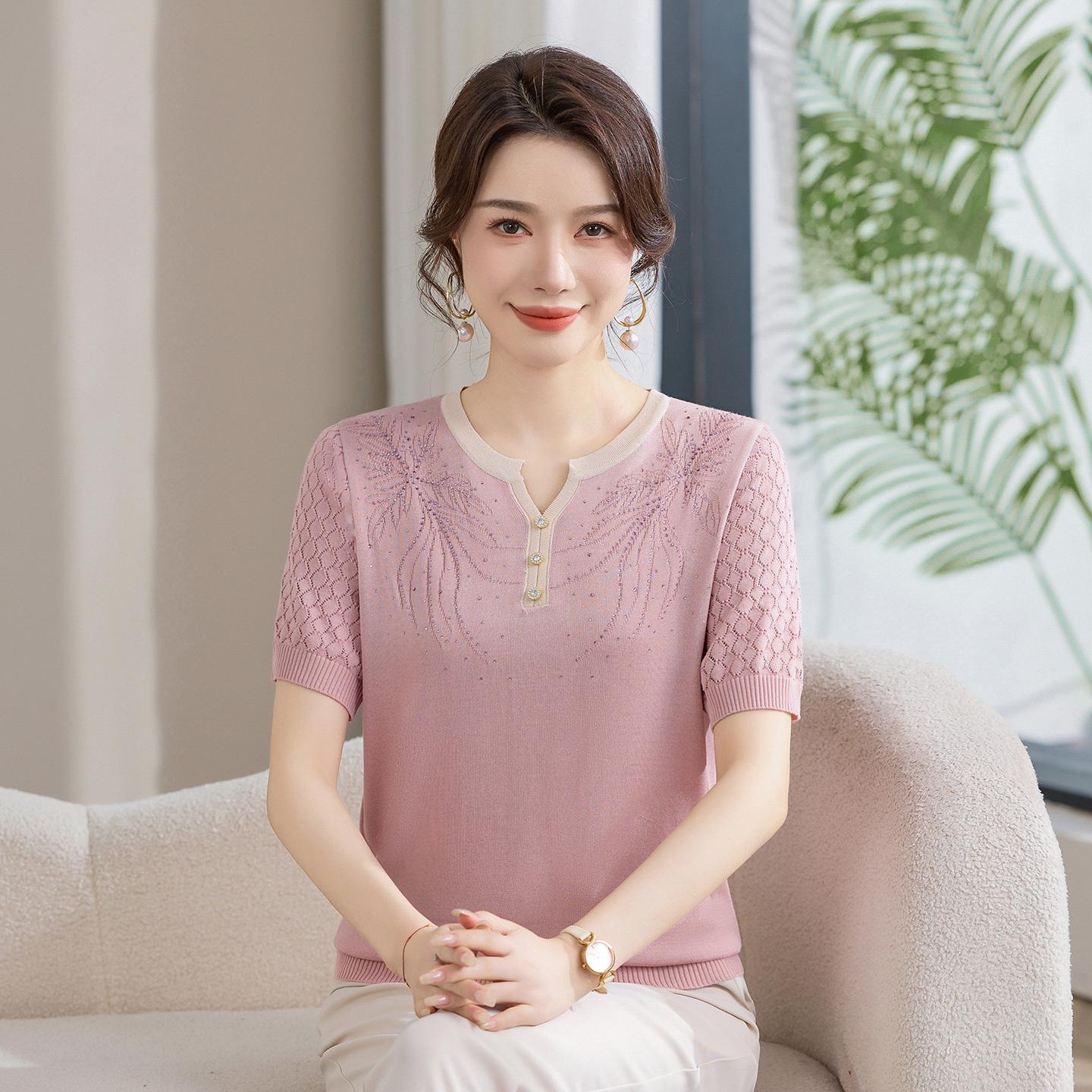 

Summer 2026 Ice Silk Knit T-Shirt: Short-Sleeve, Loose Fit for Middle-Aged & Elderly Women 2XL (110-120 lbs) розовый