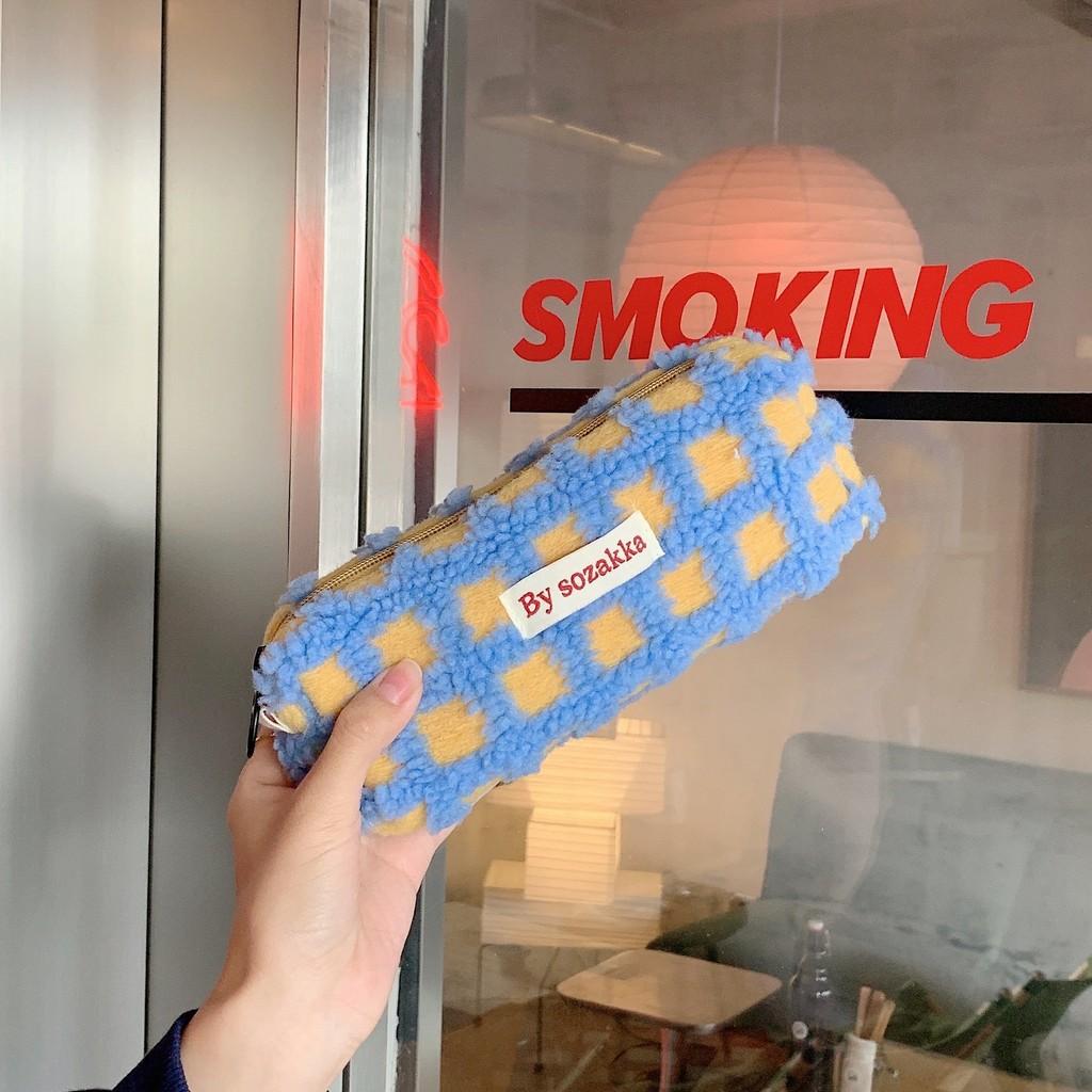 Grid Plush Simple Design Large Capacity Stationery Storage Bag For School