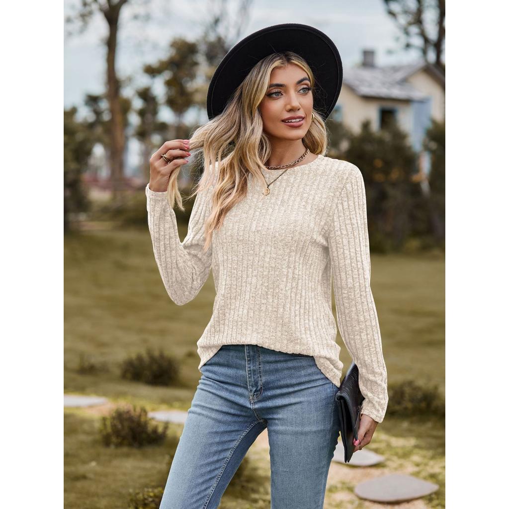 GMXIA Autumn Women's Round Neck Frosted Pit Strip Solid Color Top Long Sleeve T-shirt