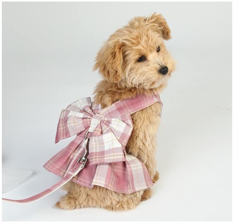 Akikumaya Dog Harness and Leash Set with Cute Checkered Mesh Ribbon, Pattern, Bowknot, (M, Pink)