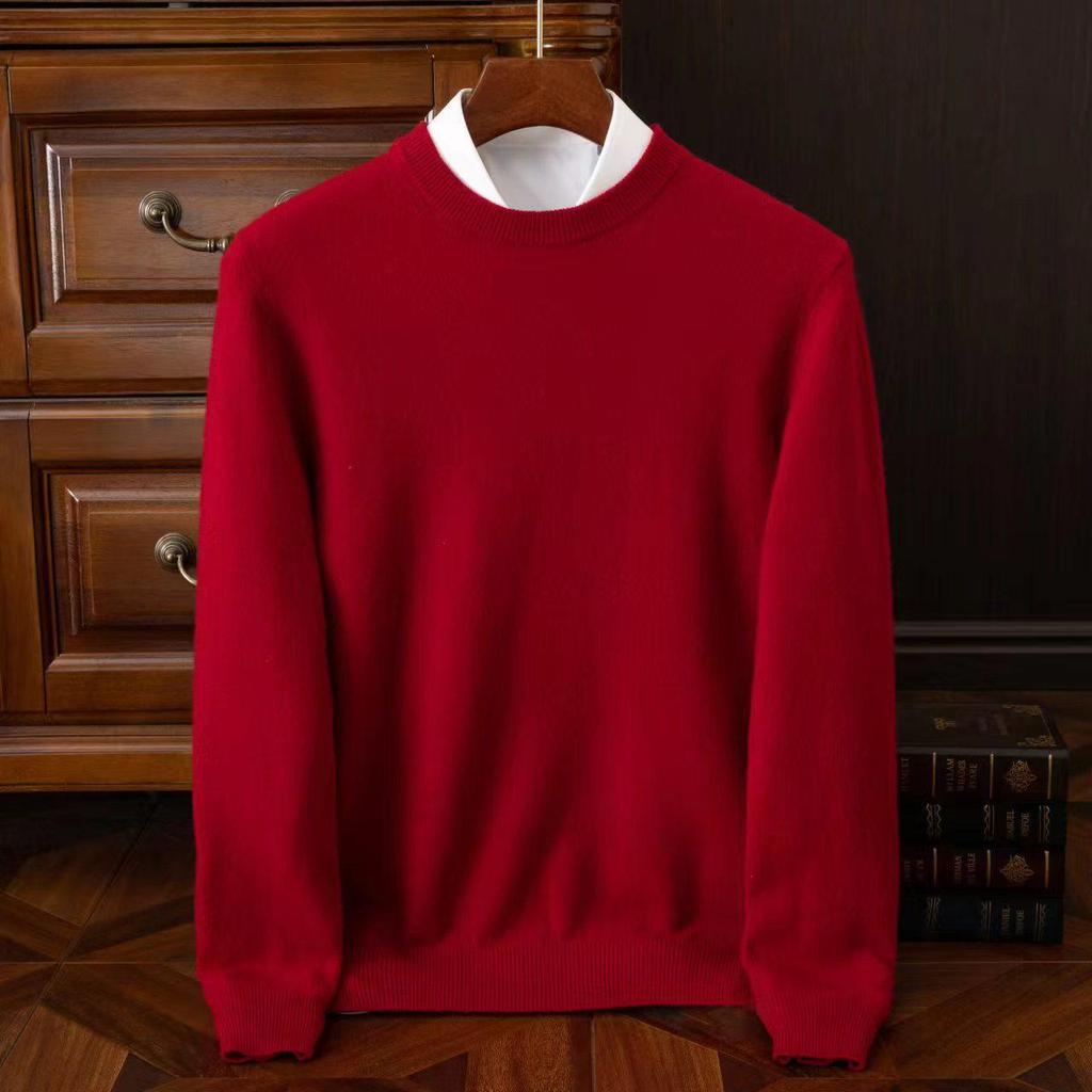 Men's Round Neck Pure Wool Pullover Sweater – Solid Color Knit Base Layer
