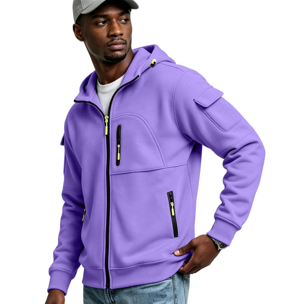 Men's Multi-Pocket Zip-Up Hoodie Casual Jacket for Outdoor Sports