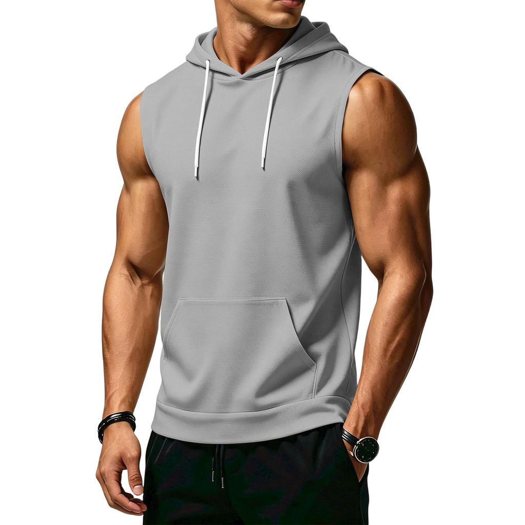Men's Sleeveless Hoodie Casual Sportswear Muscle Fit Wide Shoulder Drawstring Hooded Pocket Tank Top