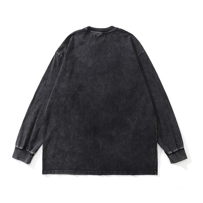 Trendy Brand American High Street Retro Doberman Direct Injection Printing Washed Long-Sleeved T-Shirt Men'S Loose Vintage Top