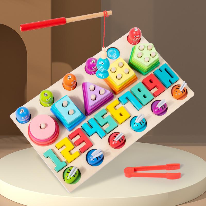 Dětská raná výchova multifunkční tvarové párování stavební blok sloupek magnetické rybaření tahání ředkvičky chytání hmyzu rodič-dítě dřevěná hračka