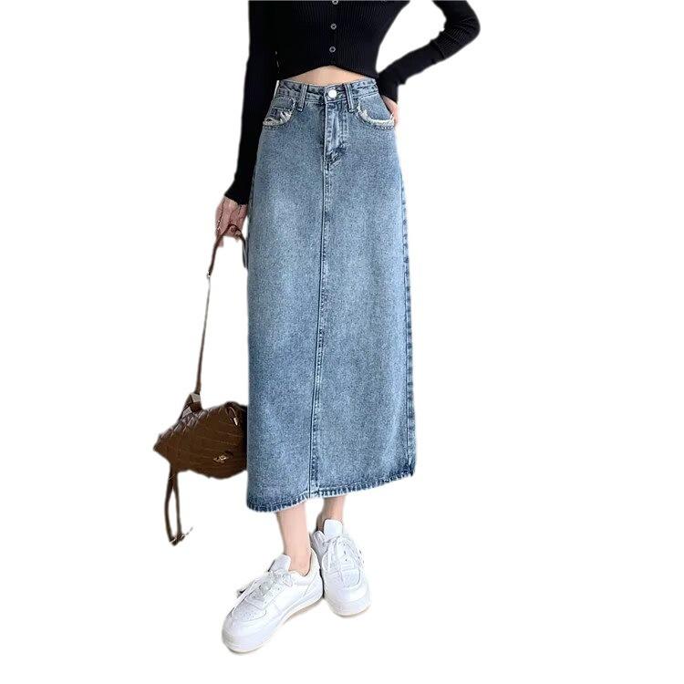 Women's 2025 Retro Frayed Slit Denim Midi Skirt - Korean Summer Style Trend