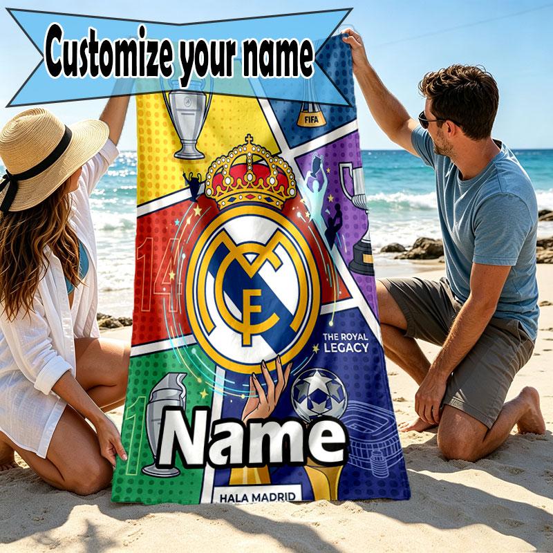 Custom Name Personalized Real Madrid Football Print Beach Towel, for Trip Camping Beach Party Home Decor, Birthday Gift for Family & Friends