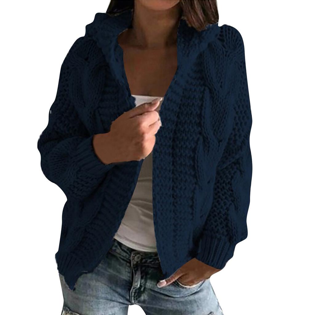 Women's Autmn And Winter Hooded Jacket Solid Color Knitted Cardigan Sweater