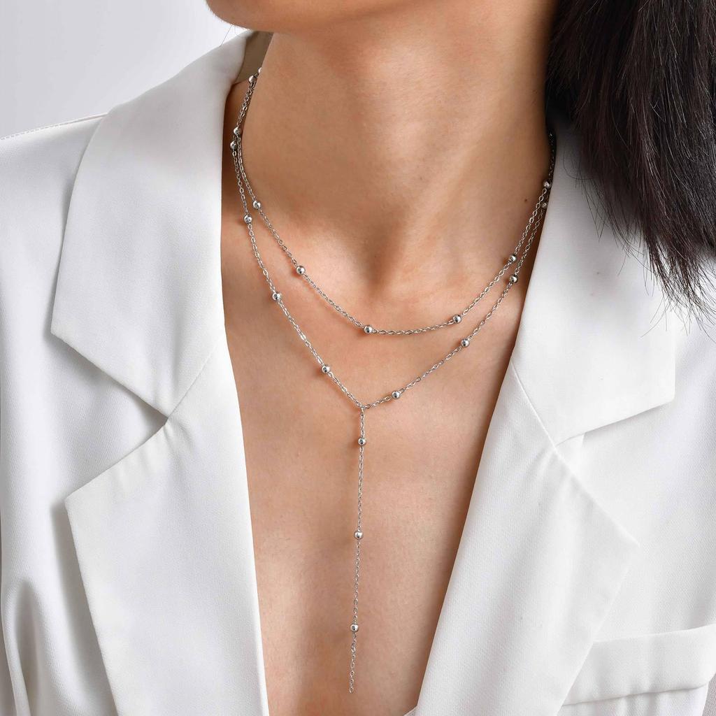 Women's Stainless Steel Double Layer Y-Shaped Gold Tassel Necklace
