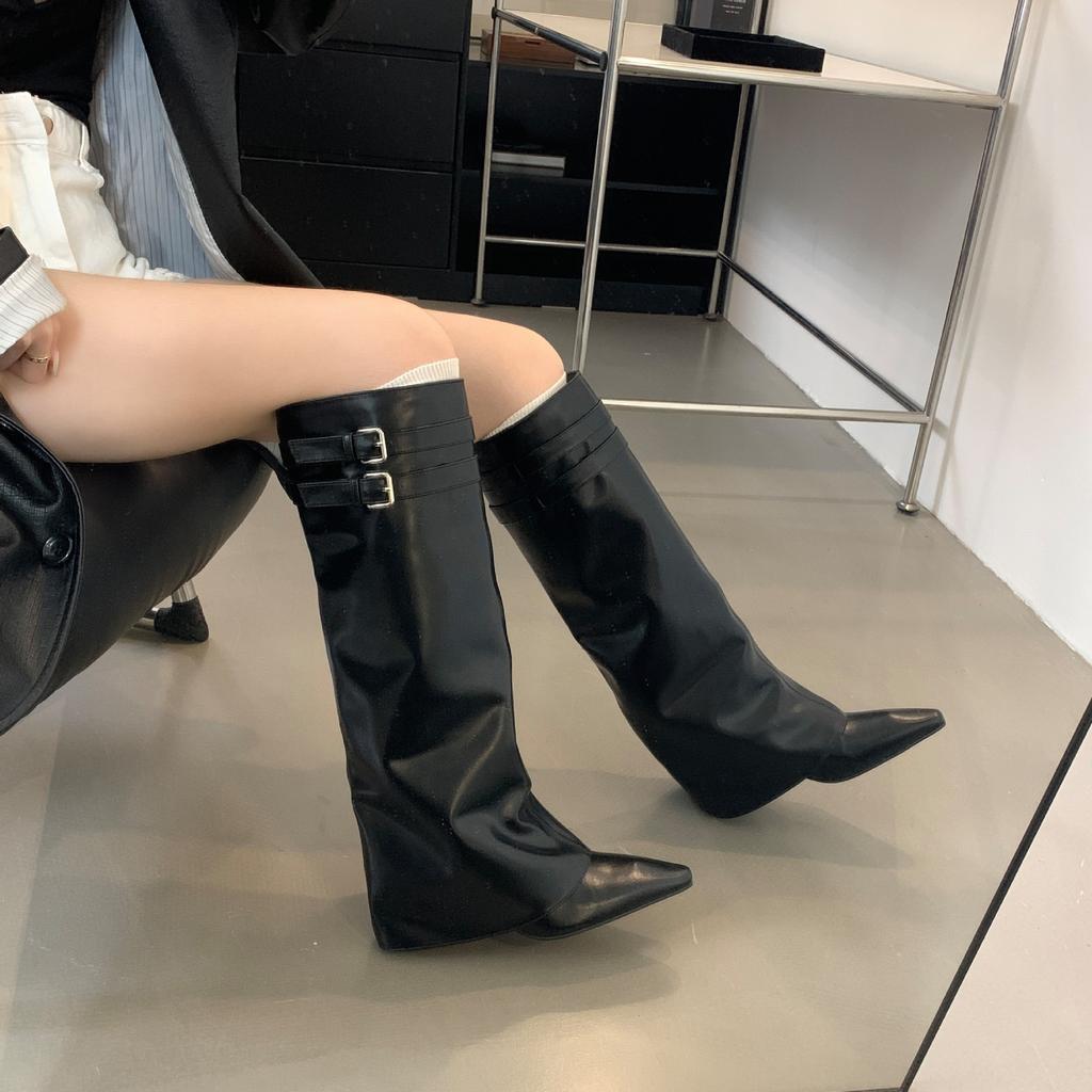 2025 autumn Korean version of fashion pants boots pointed thin middle heel boots but knee temperament sleeve fashion single boots
