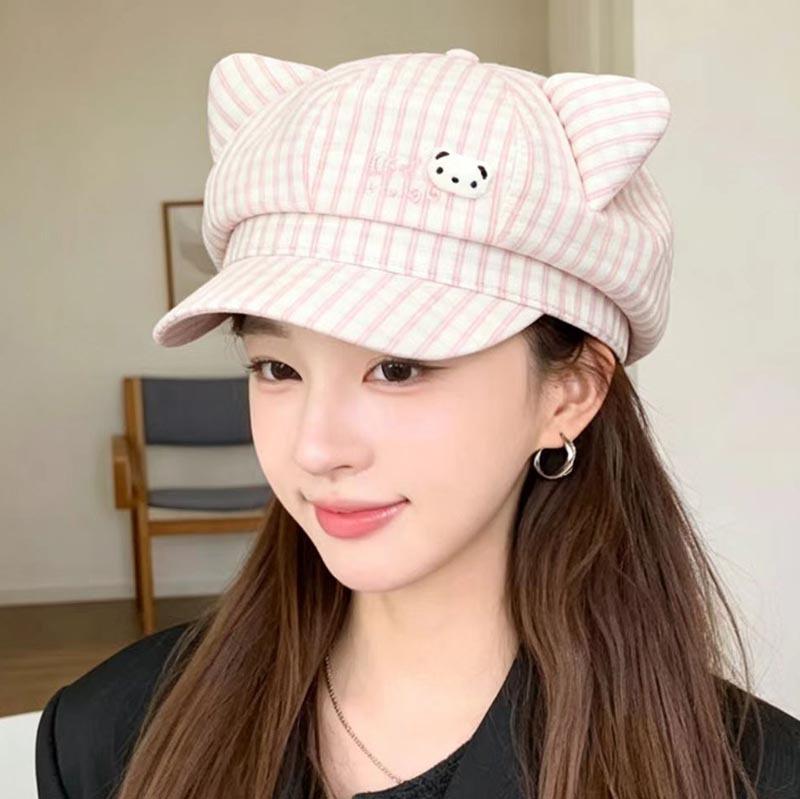 Sweet Plaid Cute Cat Ears Star Anise Hat Female Cap Spring and Autumn New Sweet Face Little Painter Hat Tide