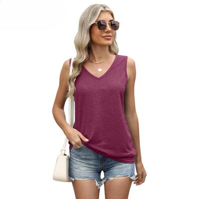 Dam Vår och Sommar Ny V-ringad Enfärgad Väst Lös Ärmlös T-shirt Casual Toppar