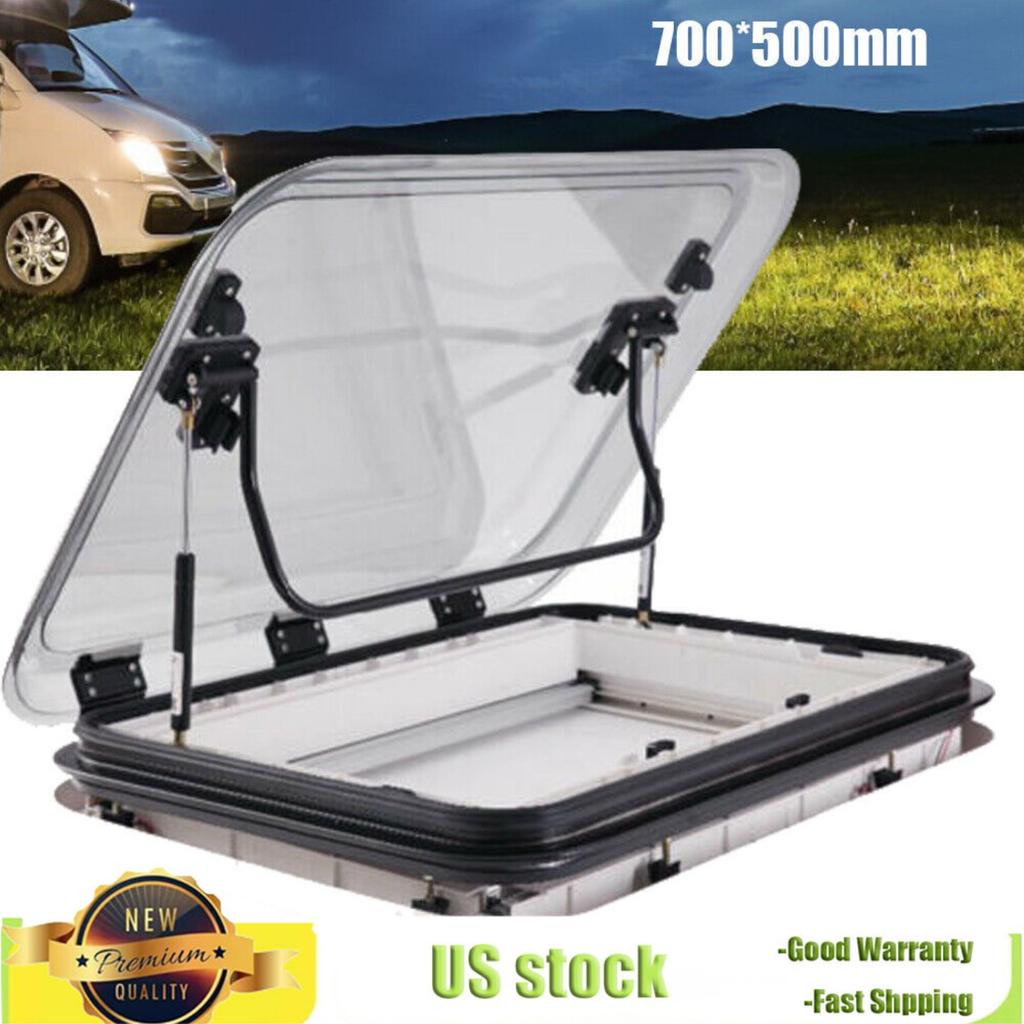 700x500mm RV Roof Vent With LED Light, 70° Opening, White - Skylight Parts with Insect Screen & Sunshade for Campers & Trailers