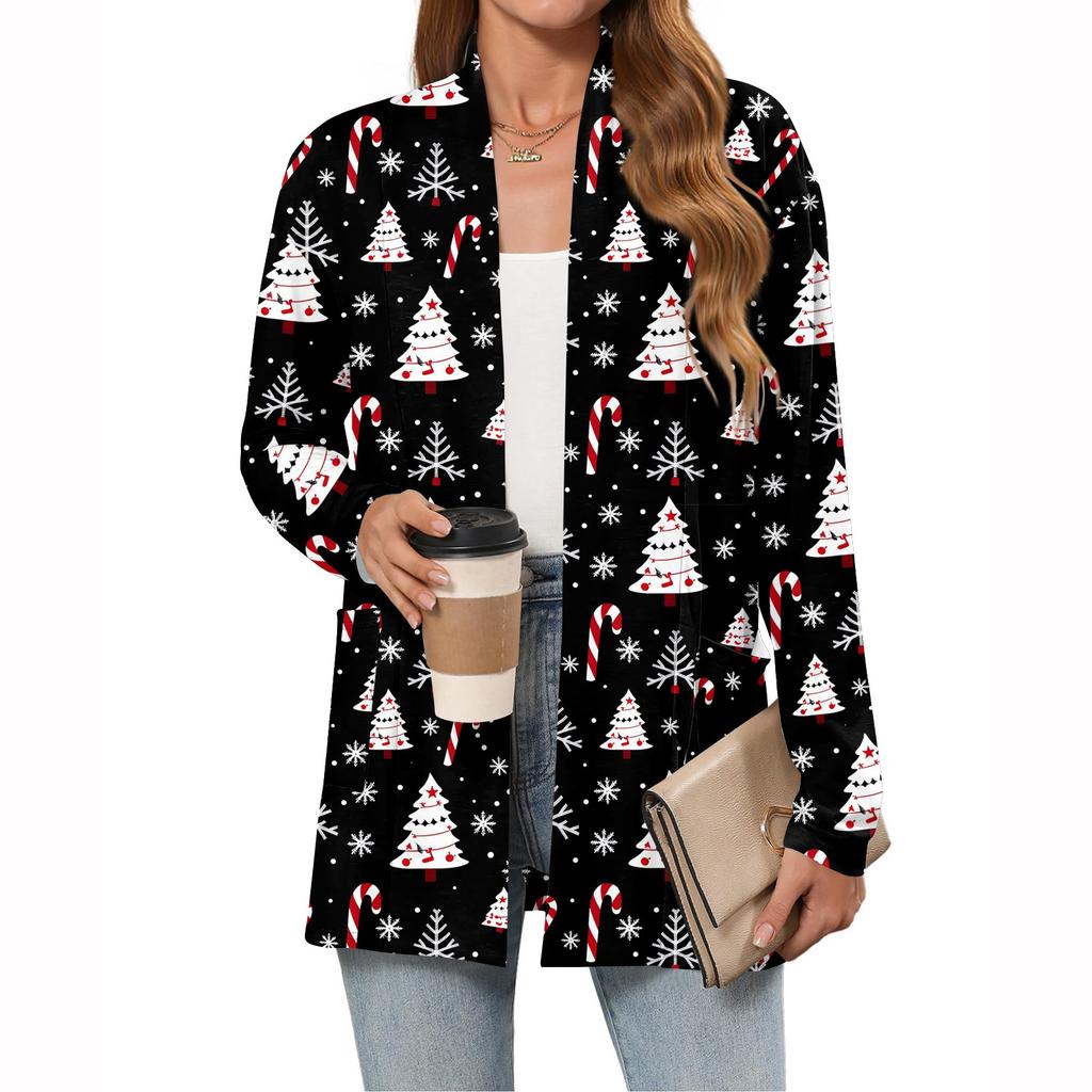Women's Christmas Printed Lightweight Cardigan Long Sleeved Casual Loose Thin Fit With Pockets Cardigan Jacket