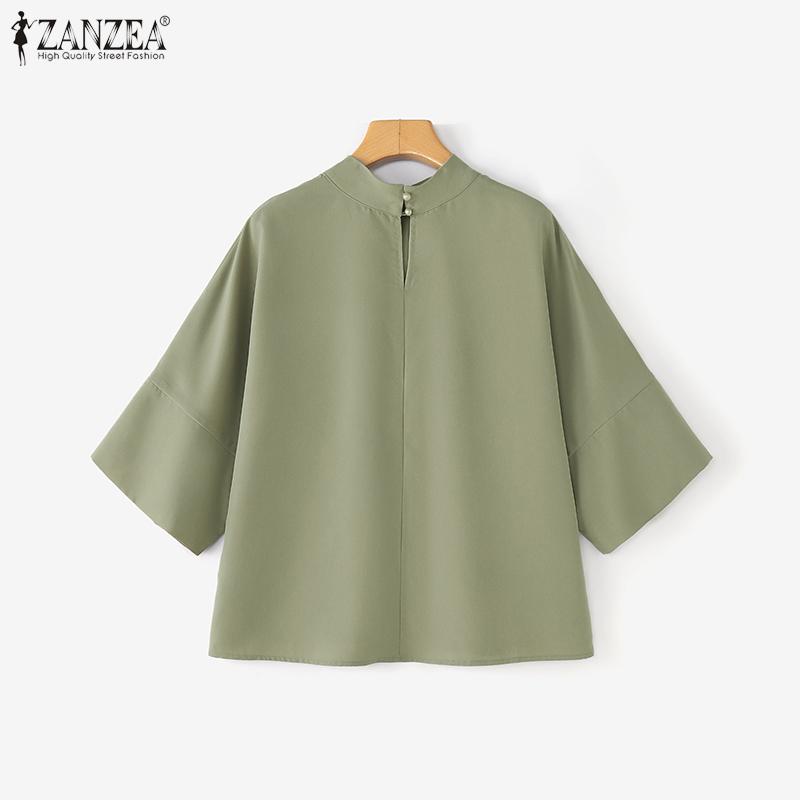 ZANZEA Womens Casual Stand Collar Loose Summer Half Sleeve Blouse