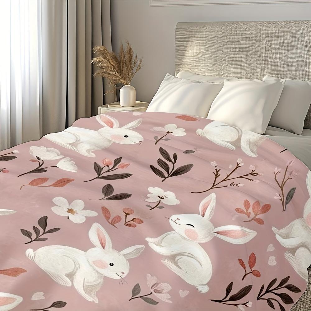 1pc Soft Easter Bunny Garden Flannel Throw Blanket - Cozy Pink Floral & Rabbit Design for Bed, Sofa, Chair, Office, and Travel