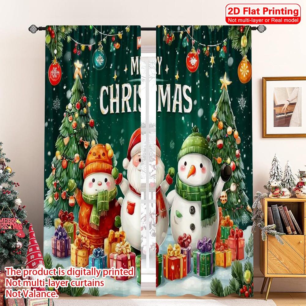 

Set Of 2 Flat Printing Merry Christmas Window Curtains Santa Claus Snowman Polyester Without Electricity Festive Holiday Made W100*H70(CM)-Hooks&1PCS